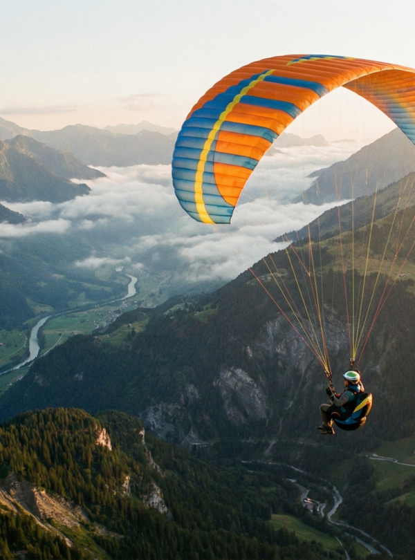 an image of a paraglider flying above mountain valleys.
