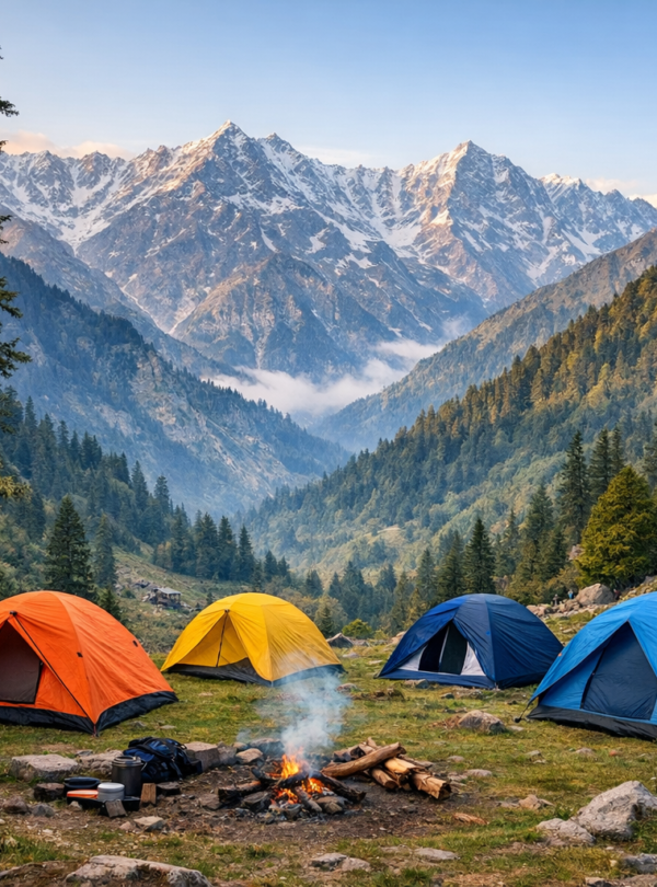 an image of tents in the mountains or forest camping in Himachal Pradesh.